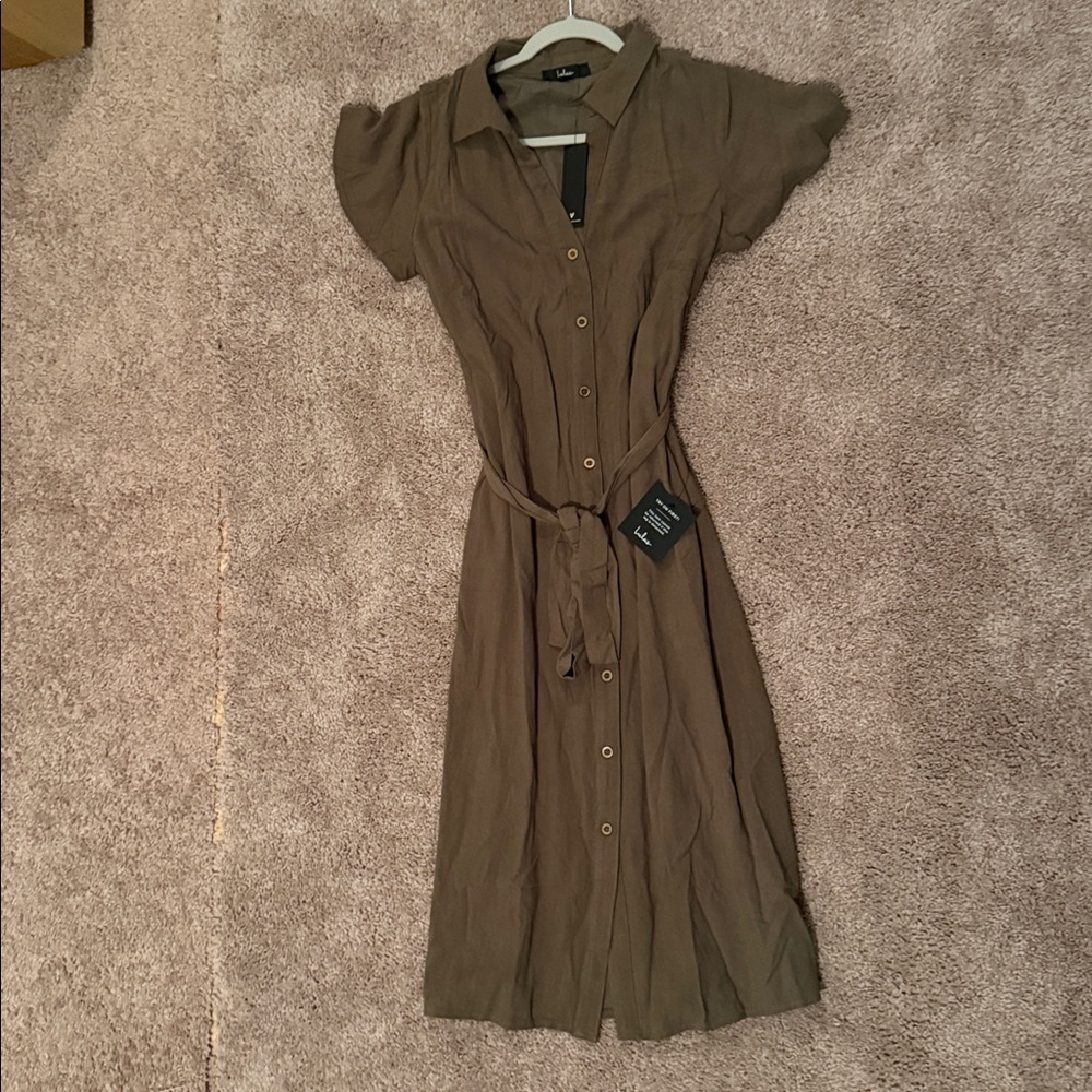 NWT Lulus Italian Summer Olive Green Linen Button-Up Short Sleeve Dress Size M - Picture 6 of 6